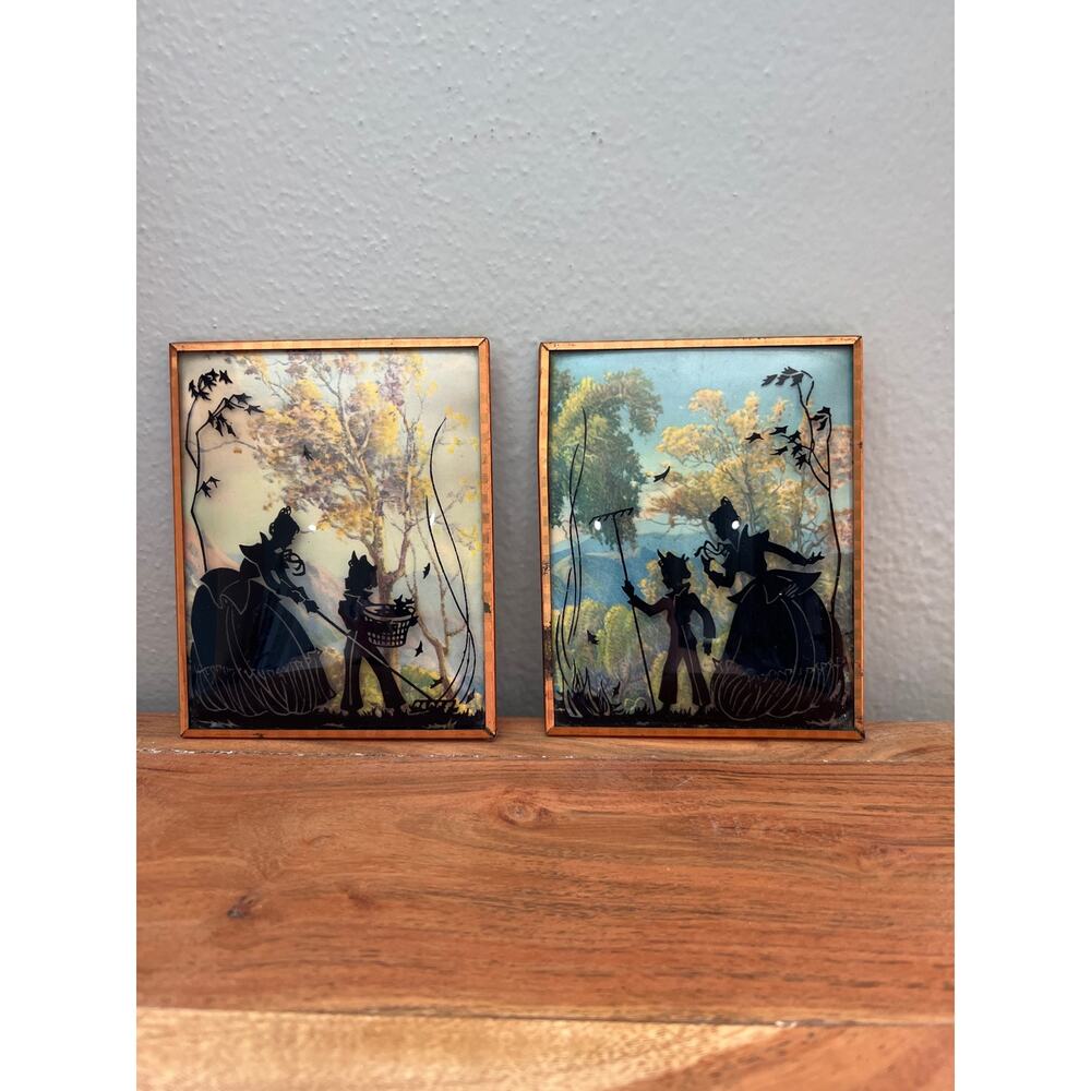 Vintage Reverse Painted Convex Glass Silhouette Pictures Parent Child set of 2